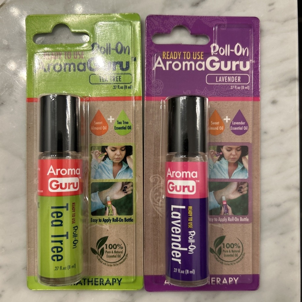 Lot Of 2 Aroma Guru AromaGuru Tea Tree Lavender Essential Oil Roll On .27 fl oz.